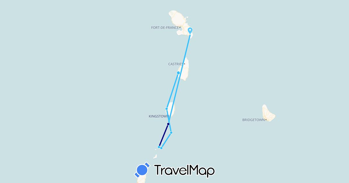 TravelMap itinerary: driving, boat in France, Saint Lucia, Saint Vincent and the Grenadines (Europe, North America)